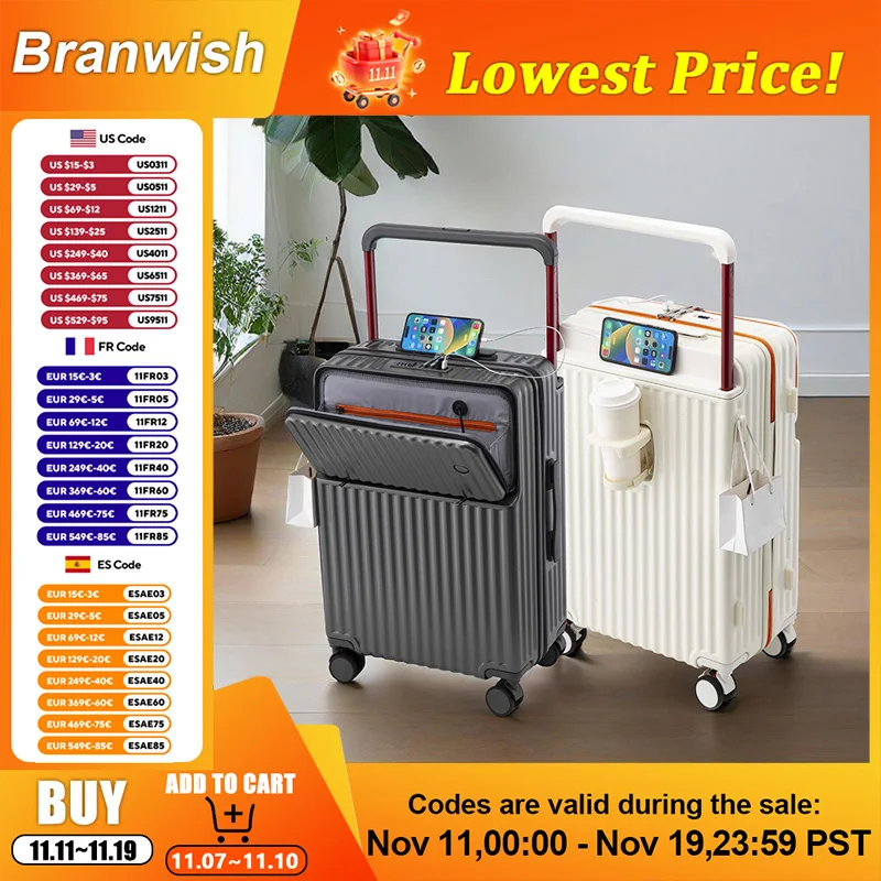 

Передний открытый чемодан с широкой телескопической ручкой Сбалансированный дизайн Дорожный чемодан из АБС-пластика с USB-портом Расширяемый слой Городской простой стиль