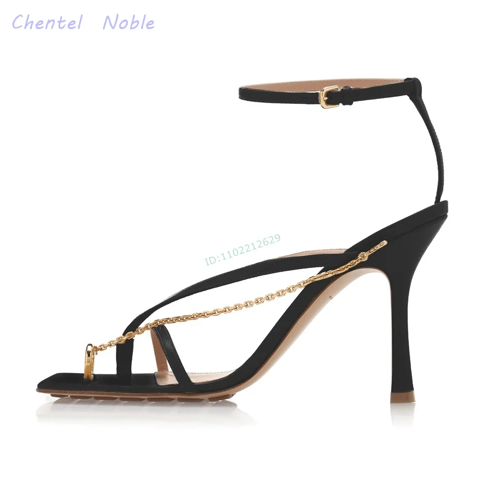 Square Open Toe Thin High Heels Sandals Detachable Gold-toned Chain Ankle Strap Buckle Women Shoes Summer New Sexy Spring Ladies