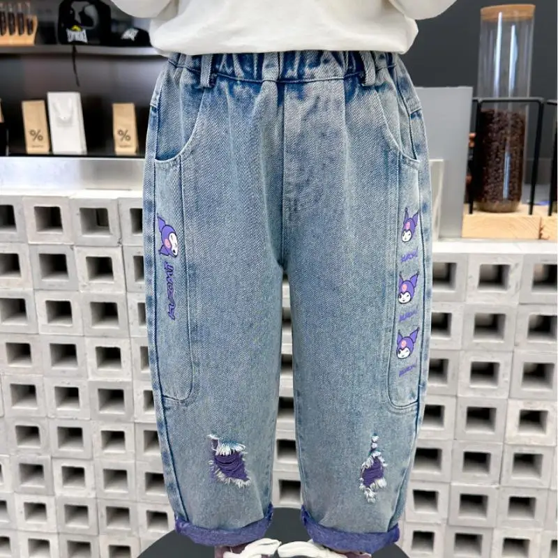 

kawaii anime Kuromi kids jeans spring autumn new girls cartoon ripped straight pants Sanrio fashion casual comfort soft pants