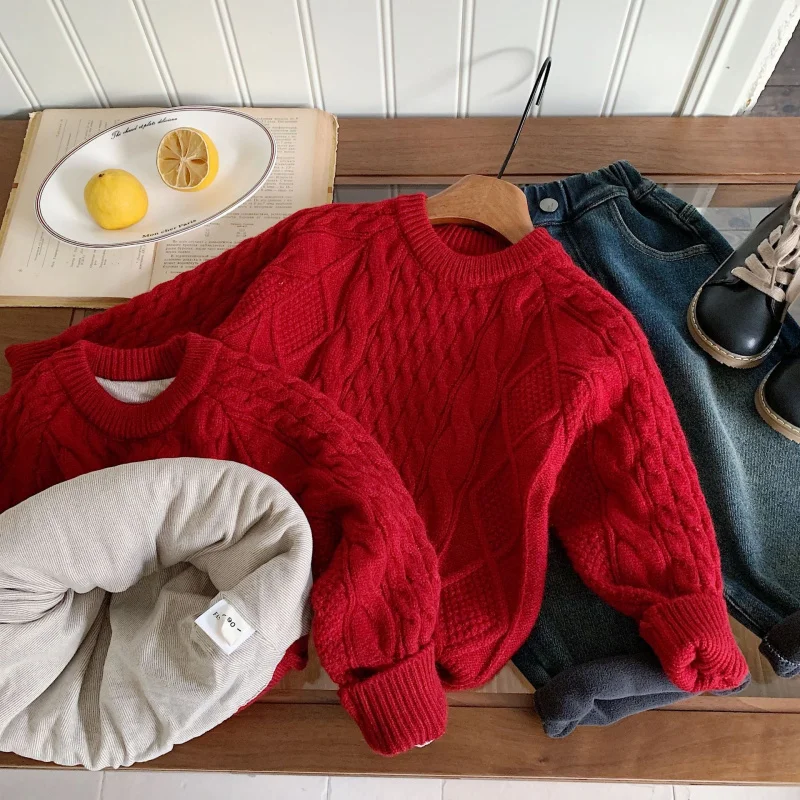 01-Children's pull hiver garçons et filles rétro câble tricot pull bébé nouvel an élégant tricoté pull épais à la mode