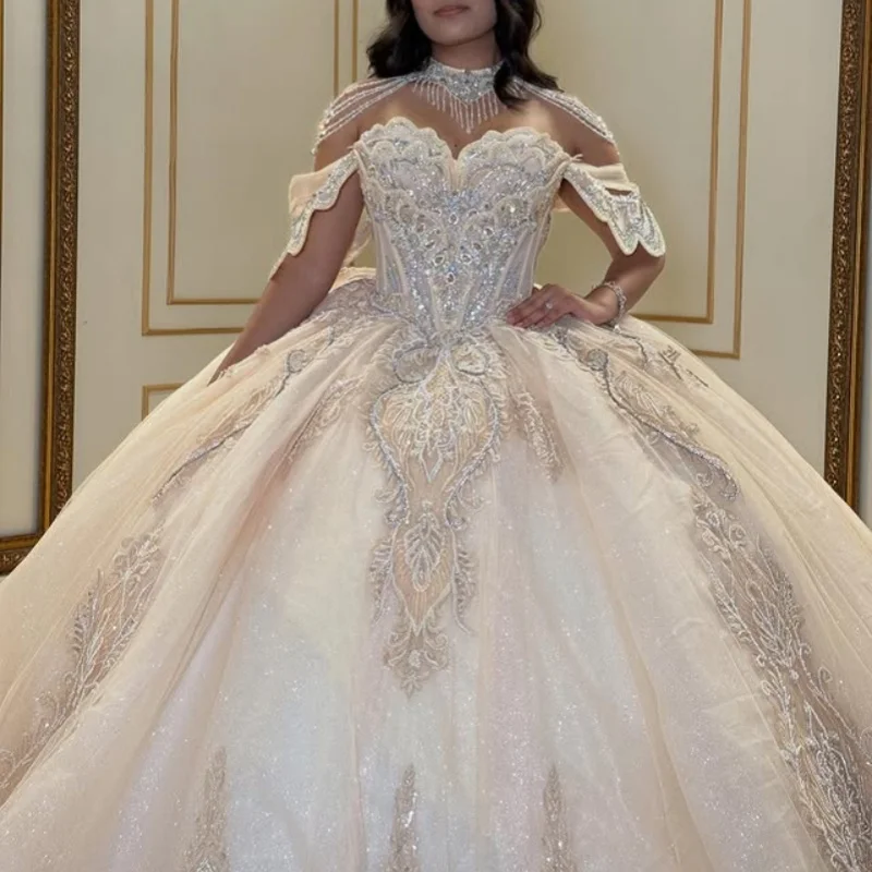 

Светлое платье Quinceanera цвета шампанского с открытыми плечами, блестящая наклейка с бантом, кружевные платья de 15, Quinceanera ﻿ Настроить