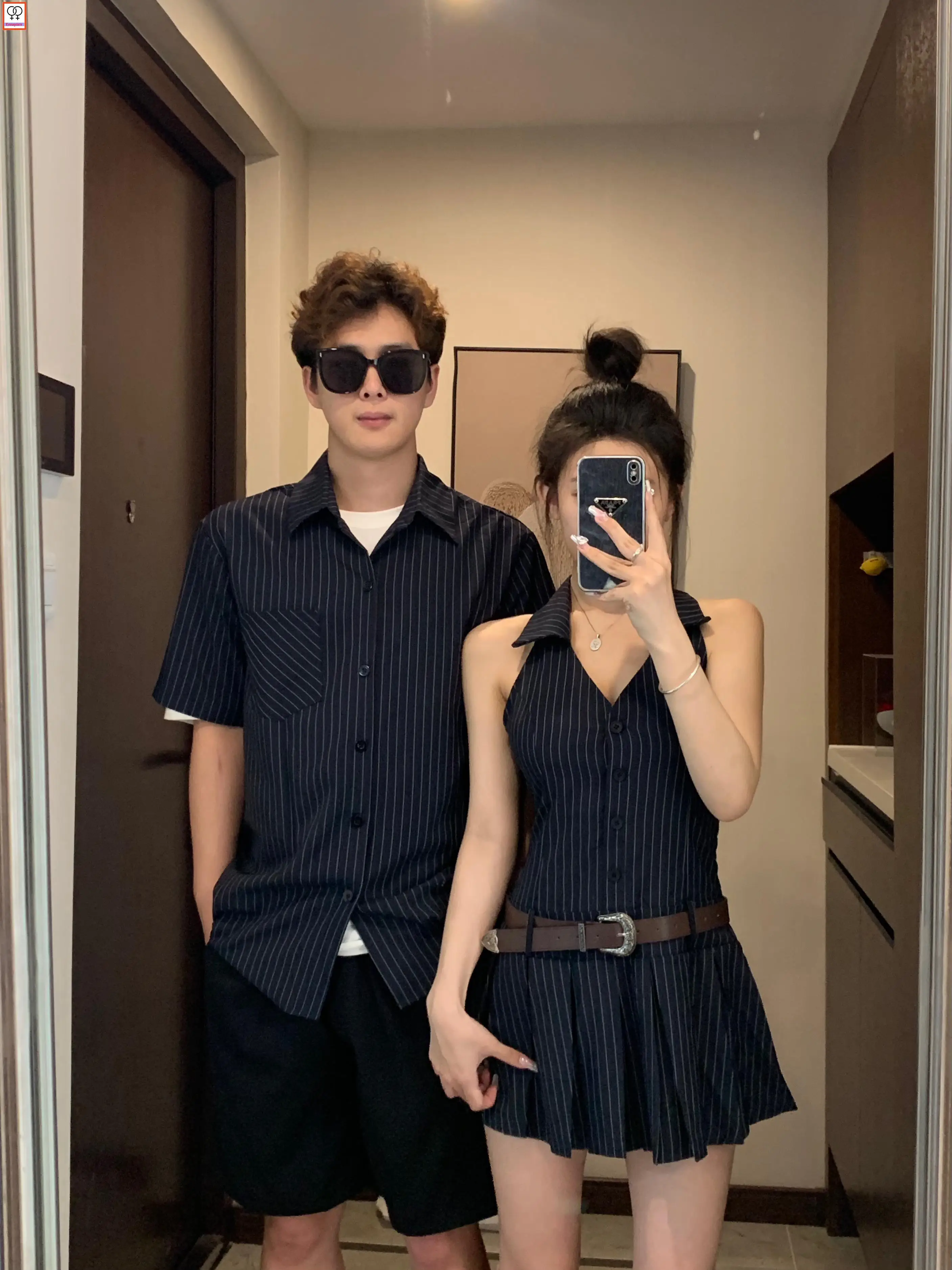 Matching Couple Clothes Outfits Male Female Lovers Holiday Valentine\'s Date Honeymoon Retro Vintage Striped Pleated Shirt Dress