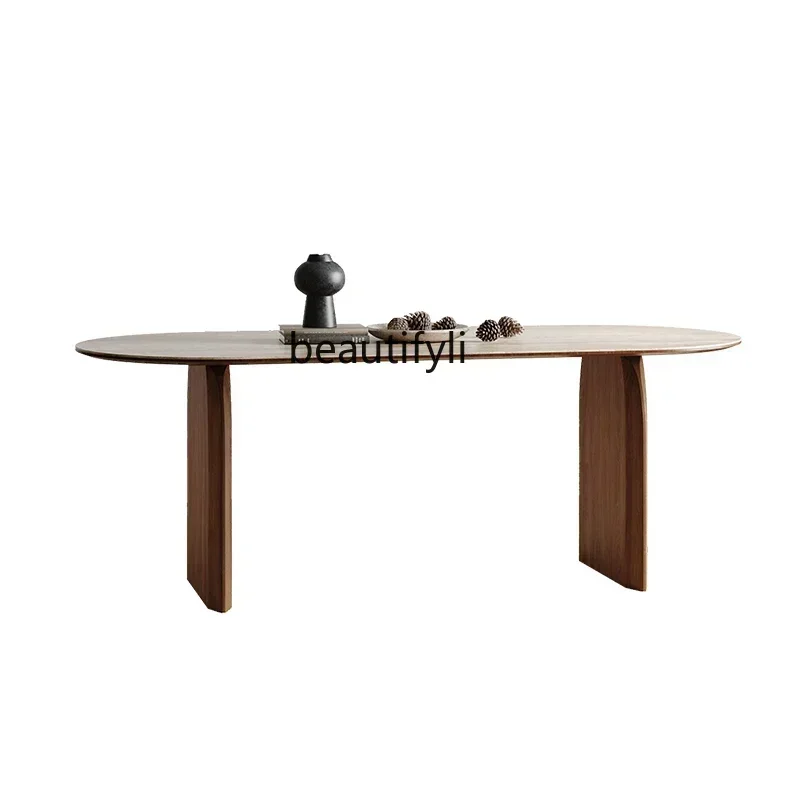 

New style French travertine rock slab designer dining table and chair combination simple walnut oval dining table