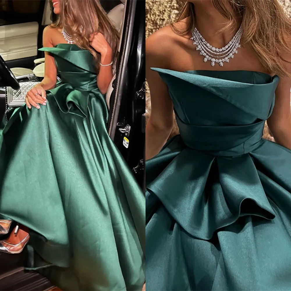 

Customized Sparkly Green Satin Evening Dresses Fashion Strapless Sleeveless Homecoming Dresses Exquisite Special Occasion Gowns
