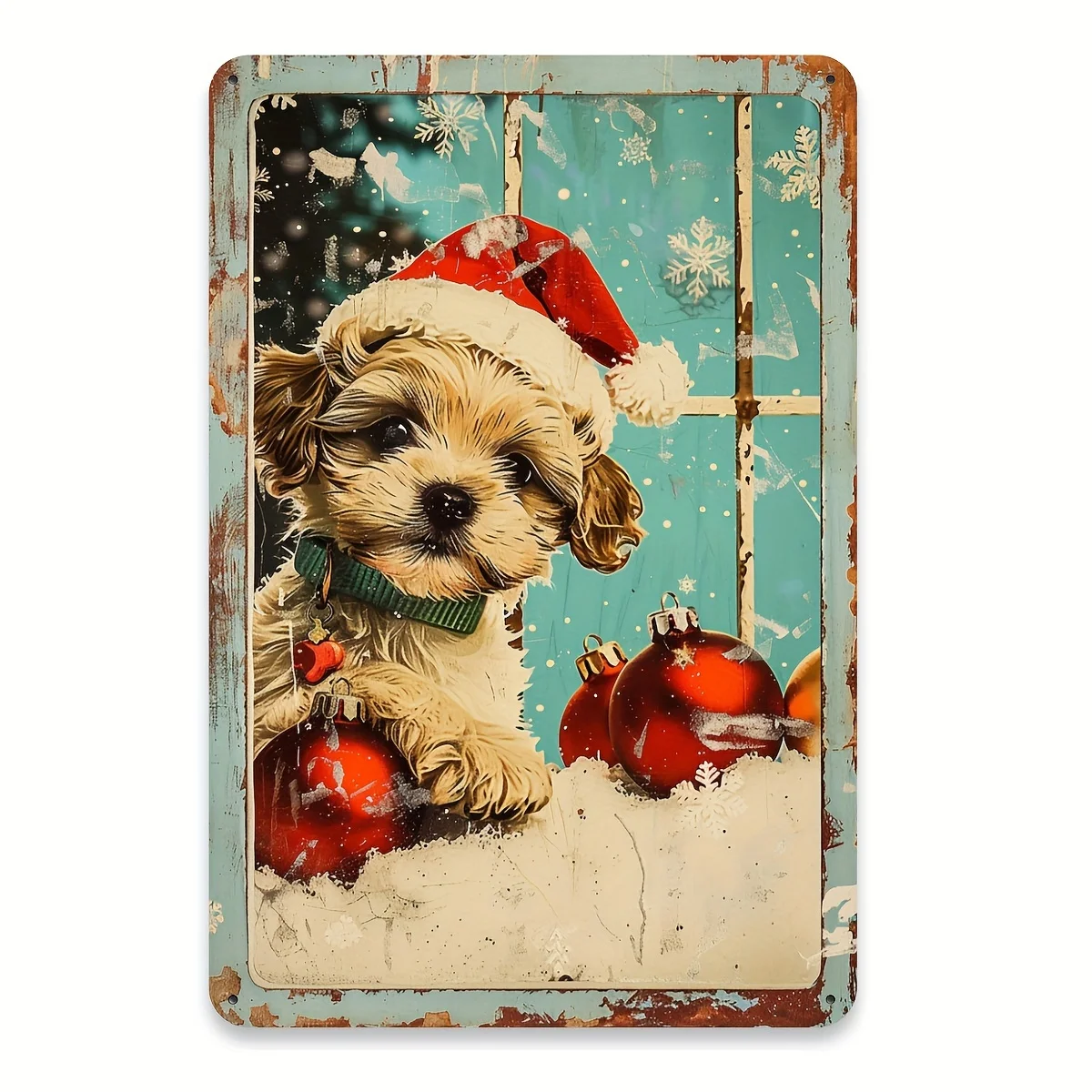 Panneau metallique en étain avec chien dans un chapeau de noël، 8x12 pouces، Perfit pour la decoration de la maison et du ja #1