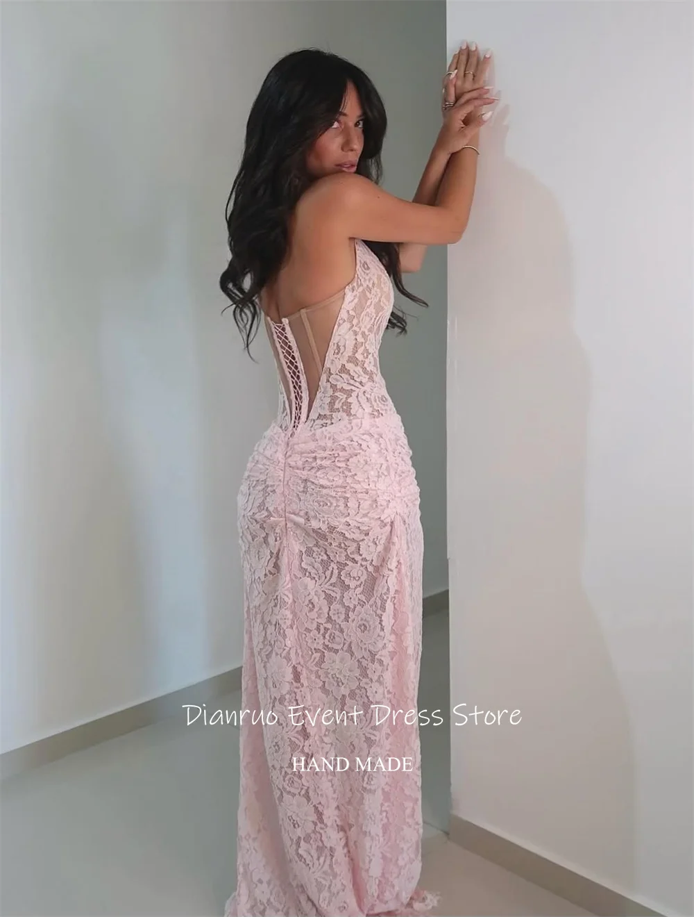 Dianruo Розовые вечерние платья с бретелькой на шее Русалка Кружевные аппликации Шикарные платья Vestidos De Novia Элегантные платья для выпускного вечера с высоким разрезом по индивидуальному заказу