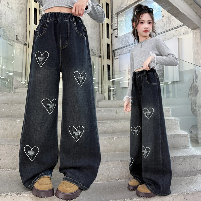 

Spring Autumn Kids Fashion Black Jeans with Hearts for Girls Casual Trousers Children Wide Leg Ripped Denim Pants Age 5 To 14 Y