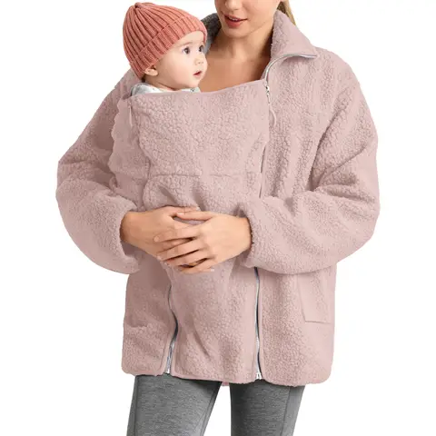 Women's Fleece Plush Jacket With Pockets 2 In 1 Baby Wear Maternity Winter Coat Solid Color Pouch In Baby Pocket Loose Outerwear