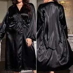 New Plus Size 5XL Satin Long Robe Nightgown Spring Black Kimono Bathrobe Gown Home Clothing Loose Sleepwear Lounge Wear Lingerie