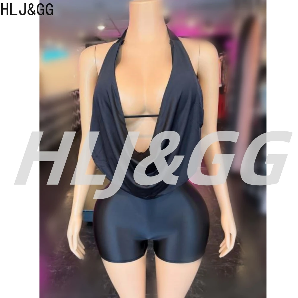 HLJ&GG Sexy Deep V Halter Top Tow Piece Sets Women Sleeveless Backless Top And Leather Shorts Outfit Fashion Y2K Streetwear 2025