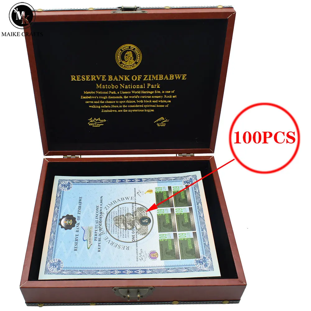 100pcs Zimbabwe One Googol Containers  Certificate Banknotes with UV Anti-counterfeiting and Exquisite Gift Box