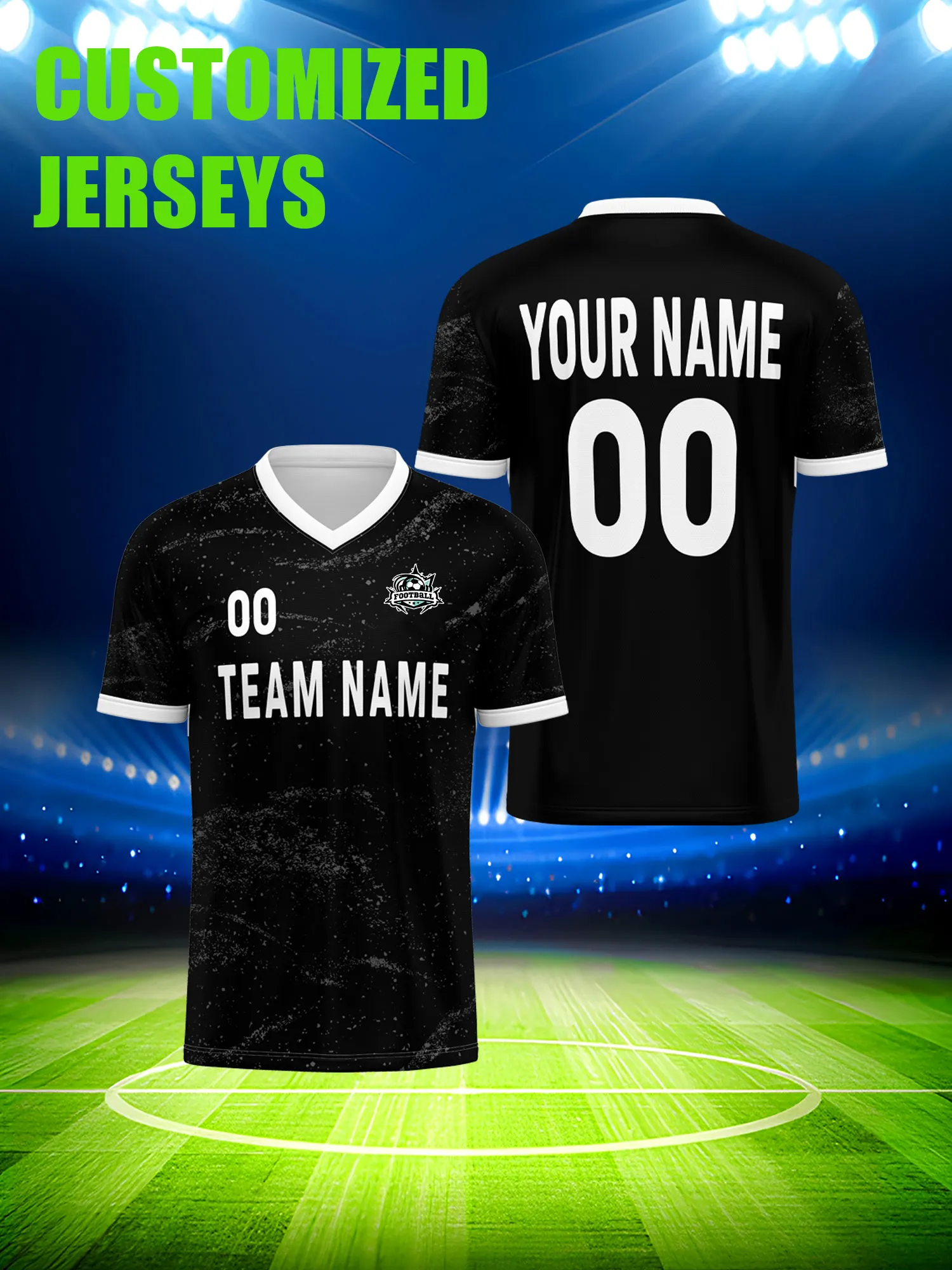 

Футбольная форма на заказ с индивидуальным изображением, номером и именем, уникальным графическим дизайном и уникальным дизайном командной эмблемы.