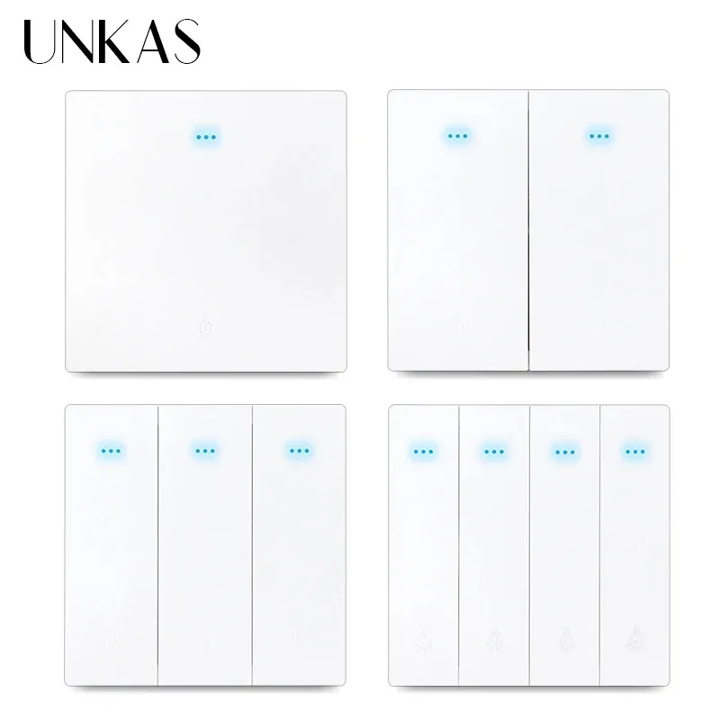 

UNKAS White Plastic 1/2/3/4 Gang 1/2 Way on / Off Light Push Button Switch Large Aperture LED Backlight Outlet