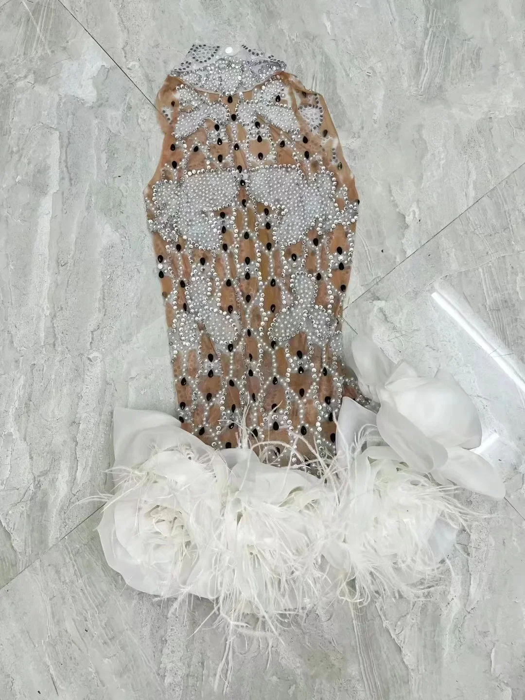 Strój imprezowy dżetów perły koronkowa sukienka z piórami kobiety urodziny suknia wieczorowa etap wykonaj kostium do sesji zdjęciowej