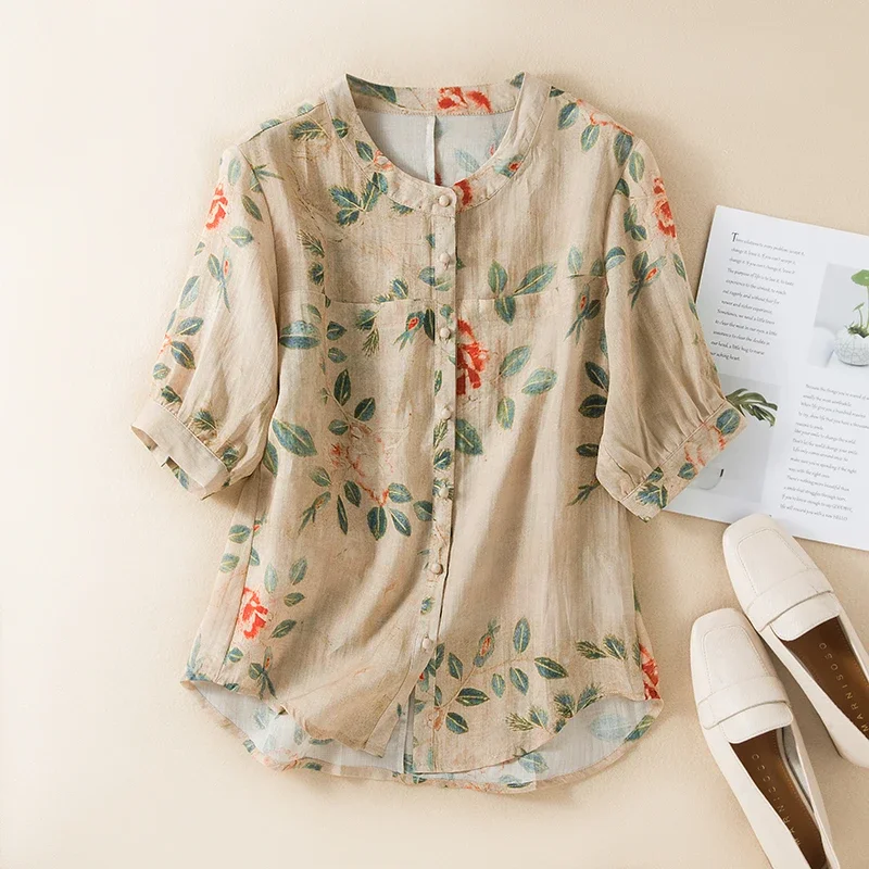 Chinese Style Women's Shirt Summer Cotton Linen Vintage Blouses Loose Prints Women Tops Fashion Clothing