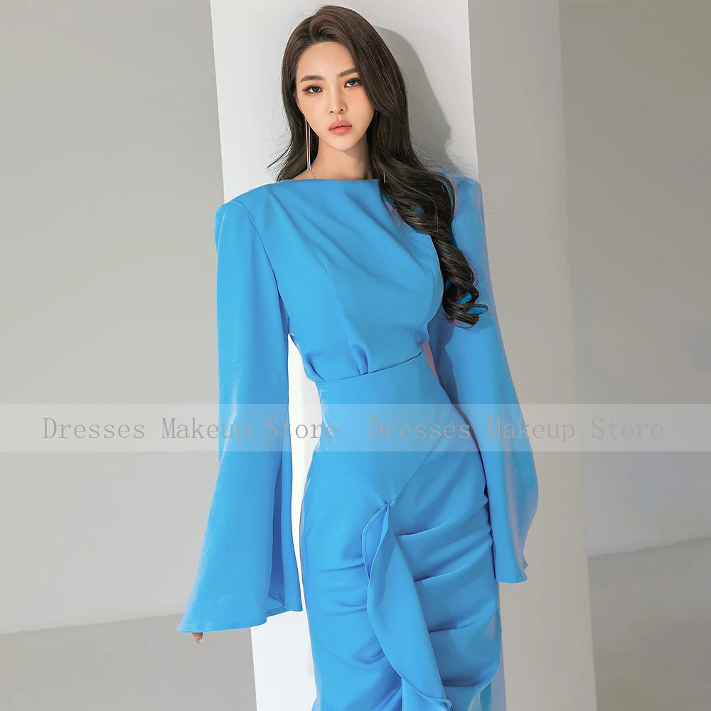 فساتين حفلة موسيقية أنيقة للنساء ، أكمام طويلة ، غمد رقبة دائرية ، فساتين أعمدة ، طول الكاحل ، كشكشة ، فستان حفلات أزرق فاتح ،