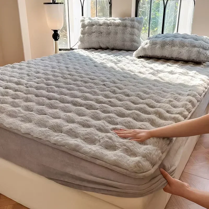 Fluffy Plush Fitted Bed Sheet Solid Color Long Hair Fleece Bed Cover For Double Bed fundas de colchón Winter Warm Mattress Cover