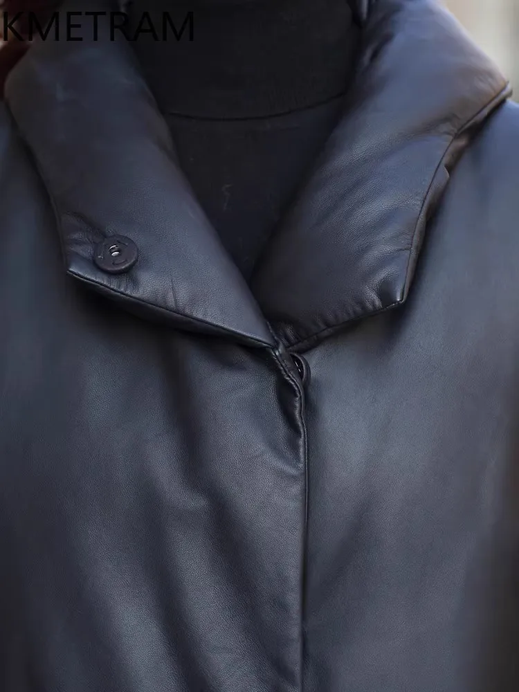 سترة KMETRAM من جلد الغنم الطبيعي الأصلي ملابس خارجية سوداء أنيقة لشتاء 2025 ملابس علوية طويلة للسيدات ملابس نسائية #3