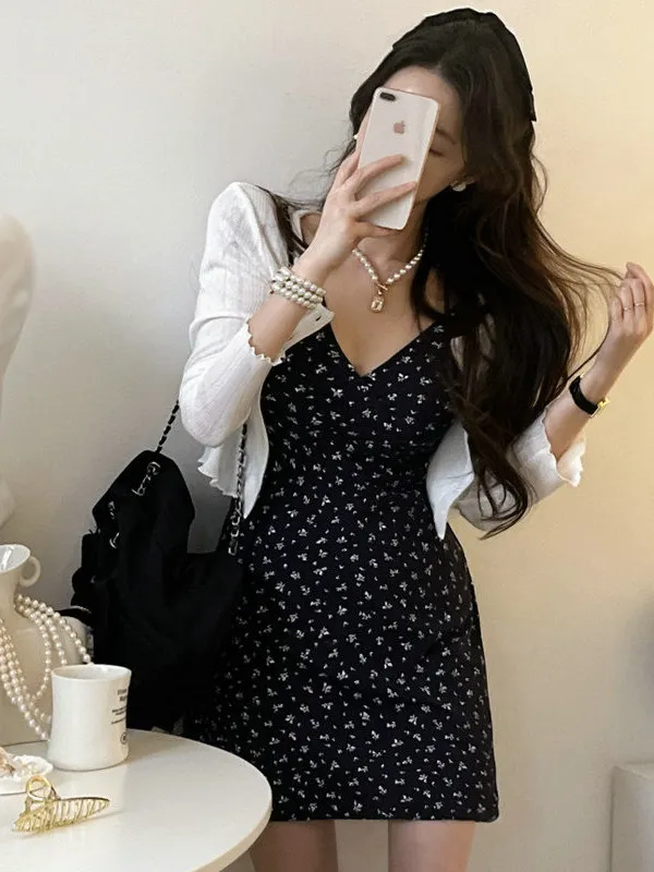 

Fre Floral V-ne Waist-cinched Svel Dr Cardigan Set Ele Long Sve Zipper Closure Faion Women's Ensemble