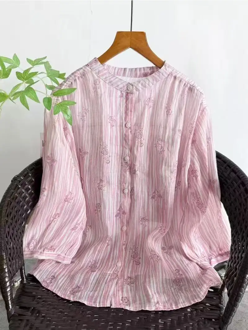 

Women's Original Luxury Brand Clothing 100% Ramie Linen Shirts and Blouses for Women Summer Breathable Print Tops