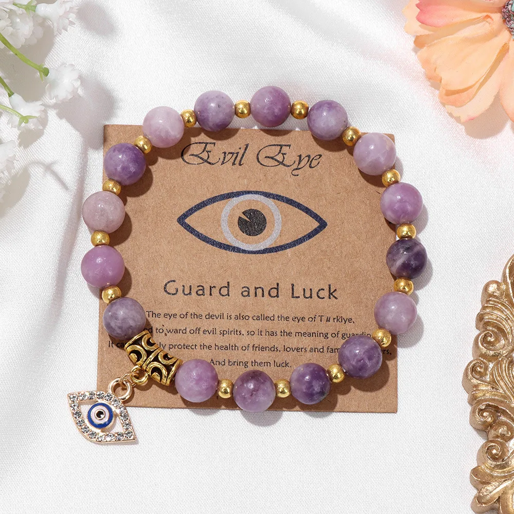 Lucky Jewelry Natural Stone Round Beads Gold Beaded Yoga Energy Bracelet With Bright Black Diamond Devil Eye Charms Hand String