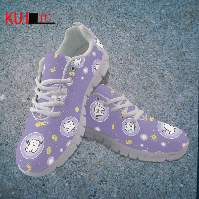 

KUILIU Dentist Flats Autumn Women Shoes Cute Cartoon Tooth Pattern Ladies Lace-up Air Mesh Light Breathable Shoe for Female