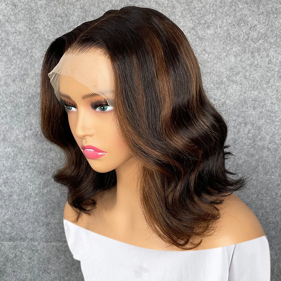 Zachte 180 Dichtheid Korte Bob Body Wave Hoogtepunt Bruin Blonde Kant Voor Zwarte Vrouwen Met Baby Haar Lijmloze Preplucked