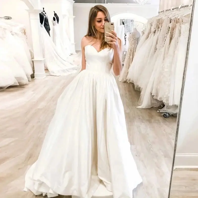 

Elegant Satin Wedding Dress Sweetheart Collar Robe De Mariée Bride To Be Long Bride Gown Vestido De Novia