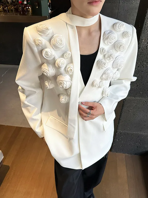 2025 Spring Autumn New Fashion Tailored Coats Trendy Three-Dimensional Rose V-Neck Suit Jackets Men's Stylish High-End Jackets