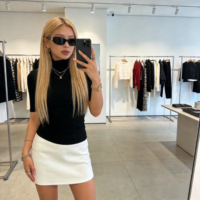 Hot Deals Korean Style Women 2026 Spring Half Sleeve Elegant Mock Neck Prom Dress Summer Sexy Slim Fit Color Block  Dresses