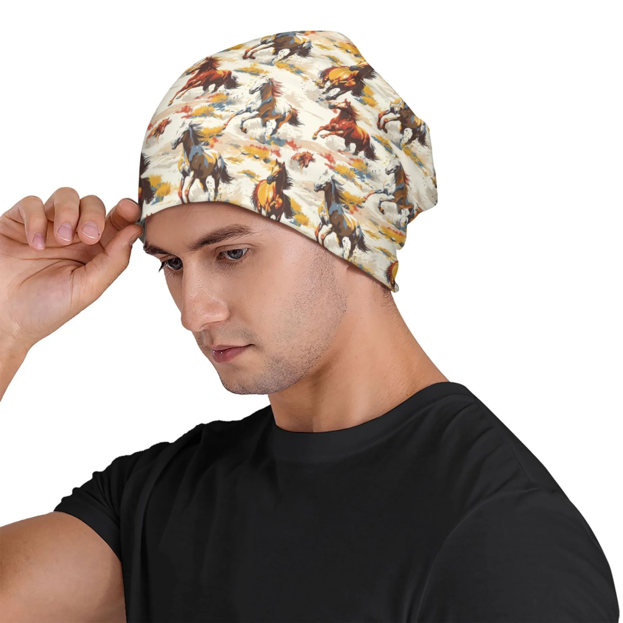 Retro Wild Horse Print Fashion Men's Hat Lightweight Comfortable Warm Winter Knit Beanie Outdoor Casual Sports Hip-Hop Cap Gift