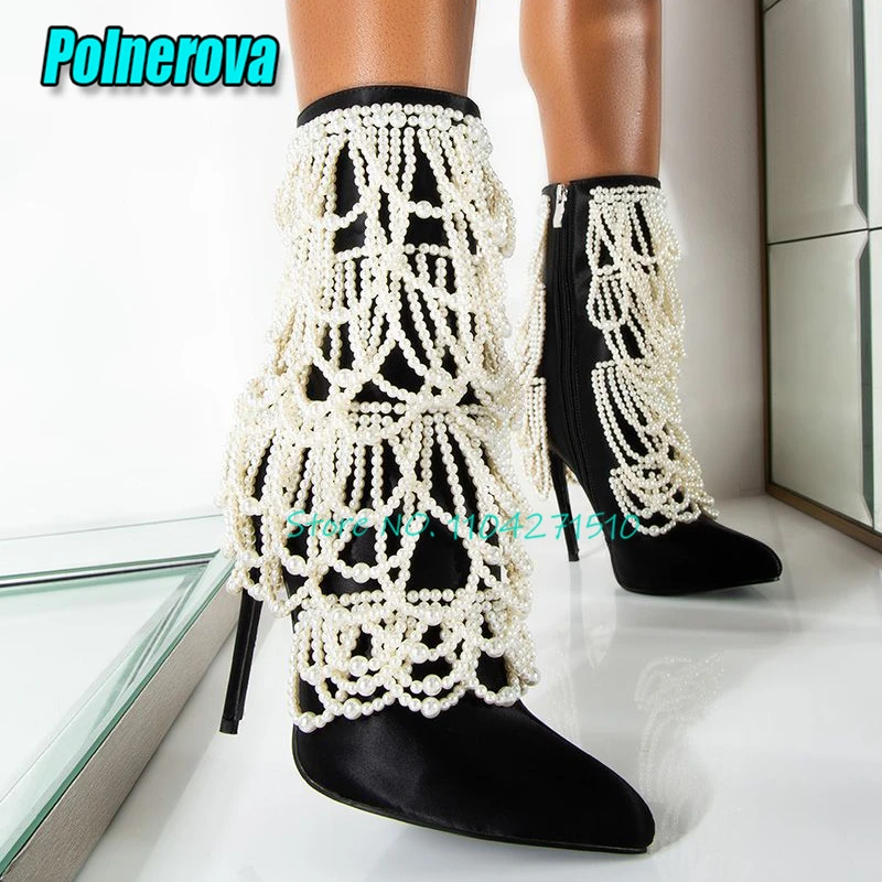 Black Satin Pearl Chain Women Boots Luxury Pointed Toe Zipper Mid Calf Boots Elegant Sexy Thin High Heel Shoes for Party Banquet