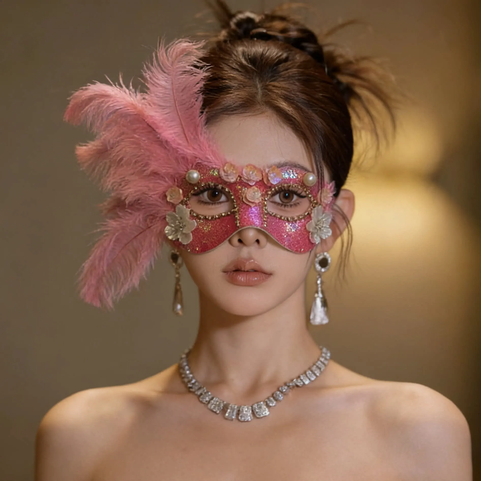 Women's Half-face European and American Exaggerated Venice Pink Flower Mask Feather Mask Halloween Carnival