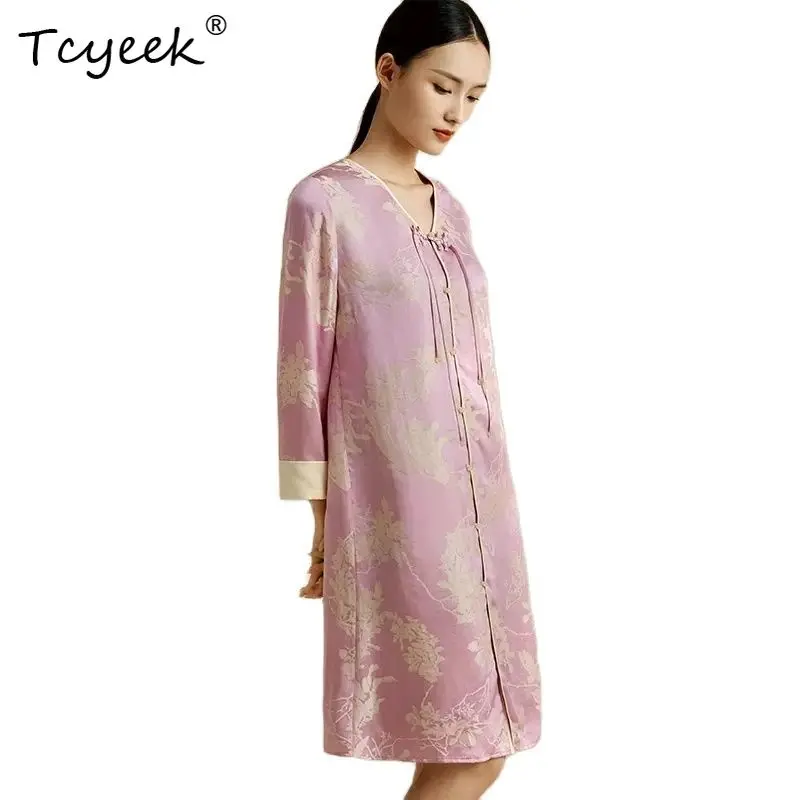 

Tcyeek, 19.5MM 50%Mulberry Silk Elegant Nightgown, Women VNeck Floral Print, French Sweet Pajama Dress, Summer Autumn P48405QM