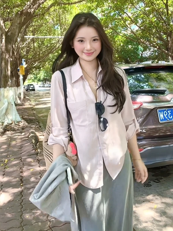 

Розовая летняя женская свободная дышащая легкая повседневная рубашка нового стиля, защита от солнца, ультраминималистичный топ в корейском стиле