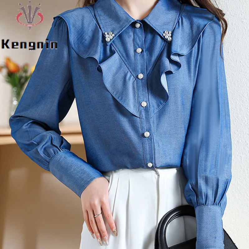 

Blue Color Ruffles Long Sleeve Women's Shirts 2024 Spring Office Lady Work Blouse Casual Female Tops Blause Clothing KN617