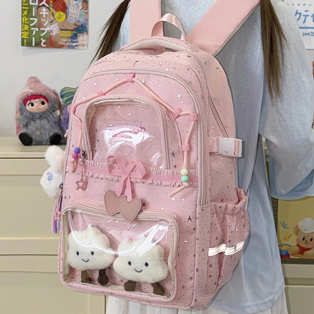 Damen-Rucksack, niedliche Damen-Reisetasche mit mehreren Taschen, schöne Schultasche mit Schleife, Sternen und reflektierenden Streifen für Teenager-Mädchen, Bücherrucksack
