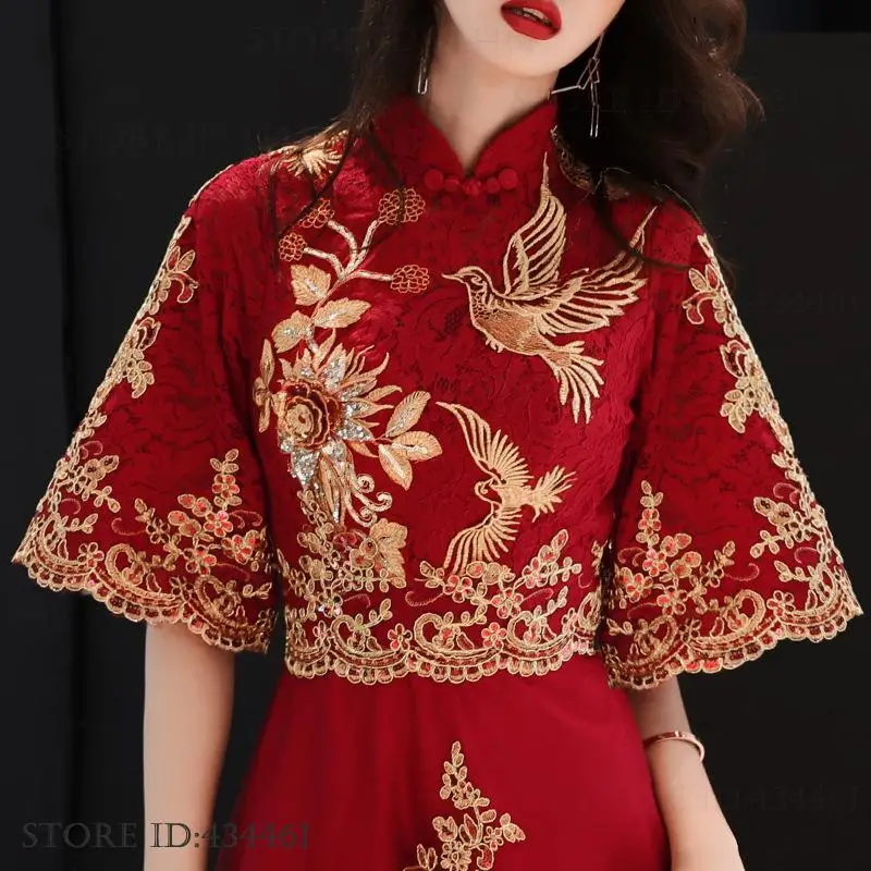 

Chinese Style Bride Wedding Dress Elegant Embroidery Tulle Women Dress Evening Party Dress Classic Mandarin Collar Vestidos 3XL