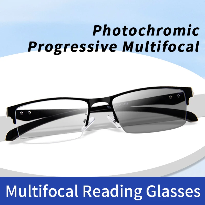 Photochromic Progressive Multifocal Reading Glasses for Men,Half Frame Rectangular, Anti Fatigue Presbyopia Eyeglasses