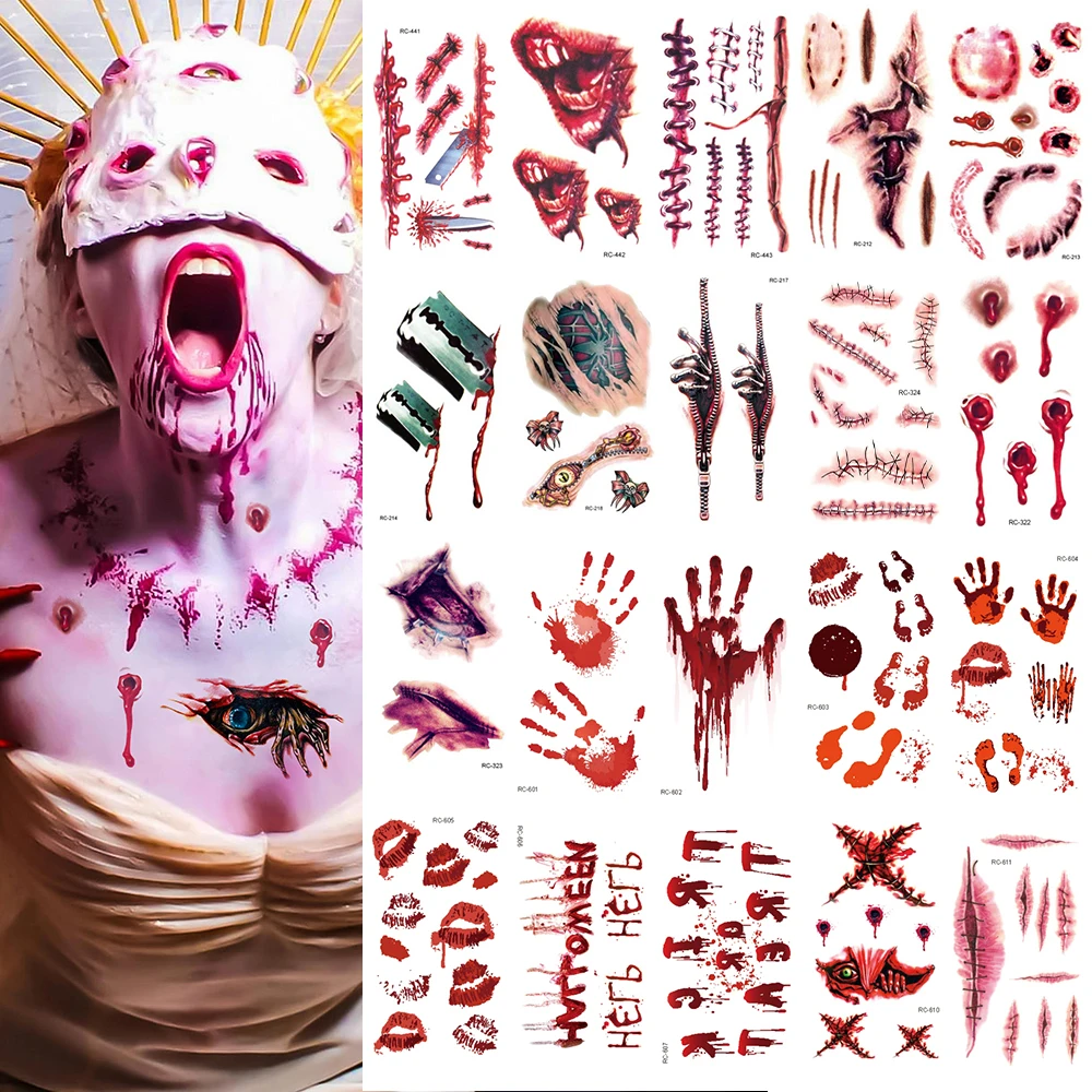 

20 Ужасающих шрамов, временные татуировки на Хэллоуин-Ужасающая рана, кровь, сгусток, шрам, дизайн, художественные наклейки, подходят для вечеринки, ужаса