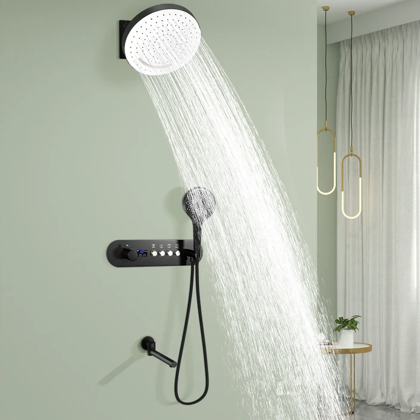 Brushed Gold 4 Functions Bathroom shower faucet set Wall Mounted Brass Thermostatic shower set 320mm Big 2 mode Rain shower head