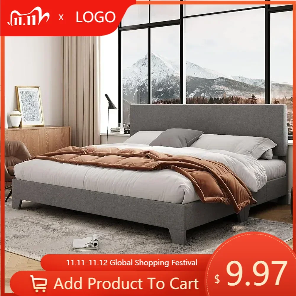 

King Size Platform Bed Frame With Adjustable Upholstered Headboard Easy Assembly Heavy Duty Mattress Foundation Noise-Free Home