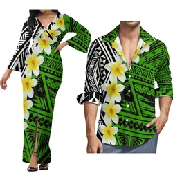 Custom V-Neck Long Sleeve Dress For Women Sexy Slim-Fit Slit Skirt And Hawaiian Aloha Shirt For Men Polynesian Islands