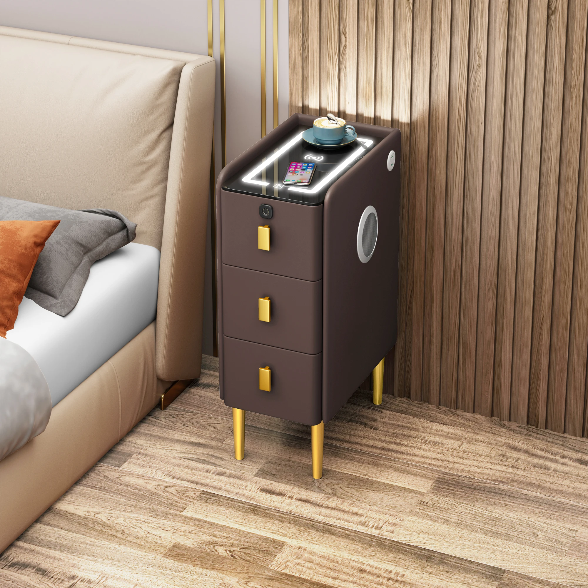 Modern Luxury Wood Smart 30cm Bedside Table With Led Light Fingerprint Wireless Charging Speakers Drawer Hotel Bedroom Furniture - view 5