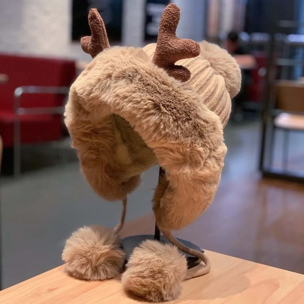 Winter-Strickmütze, Verdickte Hirschgeweih-Beanie, Winddichte Thermische Ohrenschutzkappe, Weiche Gerippte Warme Ohrenklappenmütze für Jugendliche – Detail 5