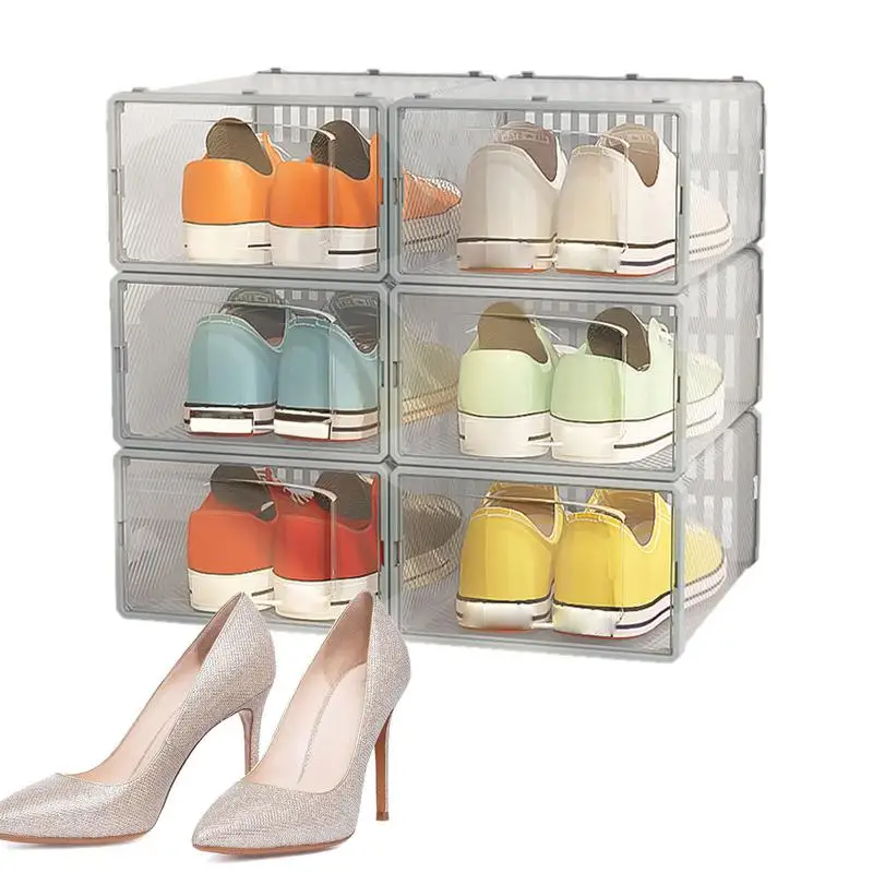 

Clear Shoe Boxes Stackable 6PCS Clear Stackable Shoe Storage Bins Sneaker Storage Space Saving Sneaker Holder Shoe Rack For