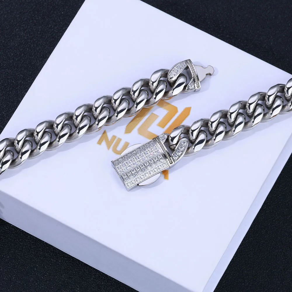 Hip NUOYA Hop Jewelry 12mm Cuban Link Chain 18K Gold Plated Stainless Steel Necklace with Moissanite Diamond Clasp for Men Women