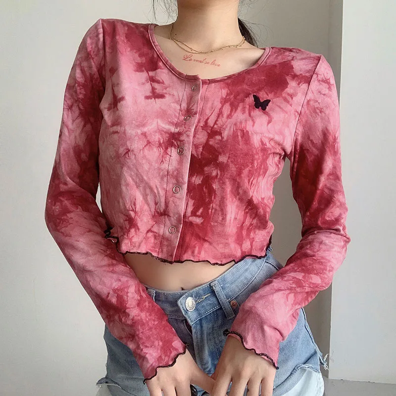 Korean Fashion Tie-dye Graphic T-shirts Tops Sexy Navel Wave Side Embroidery Long Sleeve Button Cardigan Casual Women Clothing