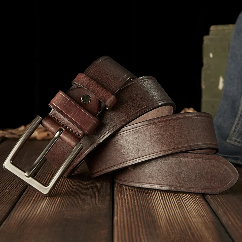 Handmade Vintage Genuine Leather Belt Men Stainless Pin Buckle High Quality Cowhide Leather Jeans Waist Strap Fashion Pants Belt