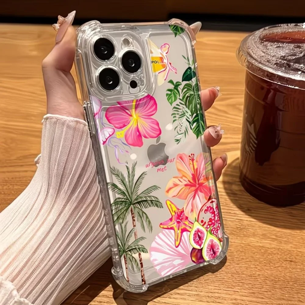 Coque de téléphone anti-chute à quatre coins style floral tropical Hawaï pour iPhone 18 17 Air 16 15 14 13 12 Mini 11 Pro Max Plus en TPU